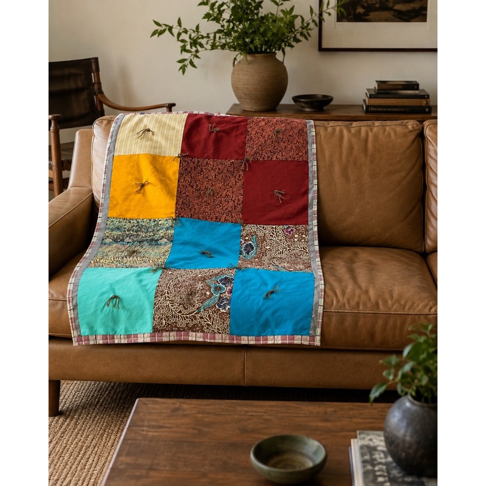 Handmade Boho Patchwork Lap Quilt 32x42 Tied Turquoise Rust Brown